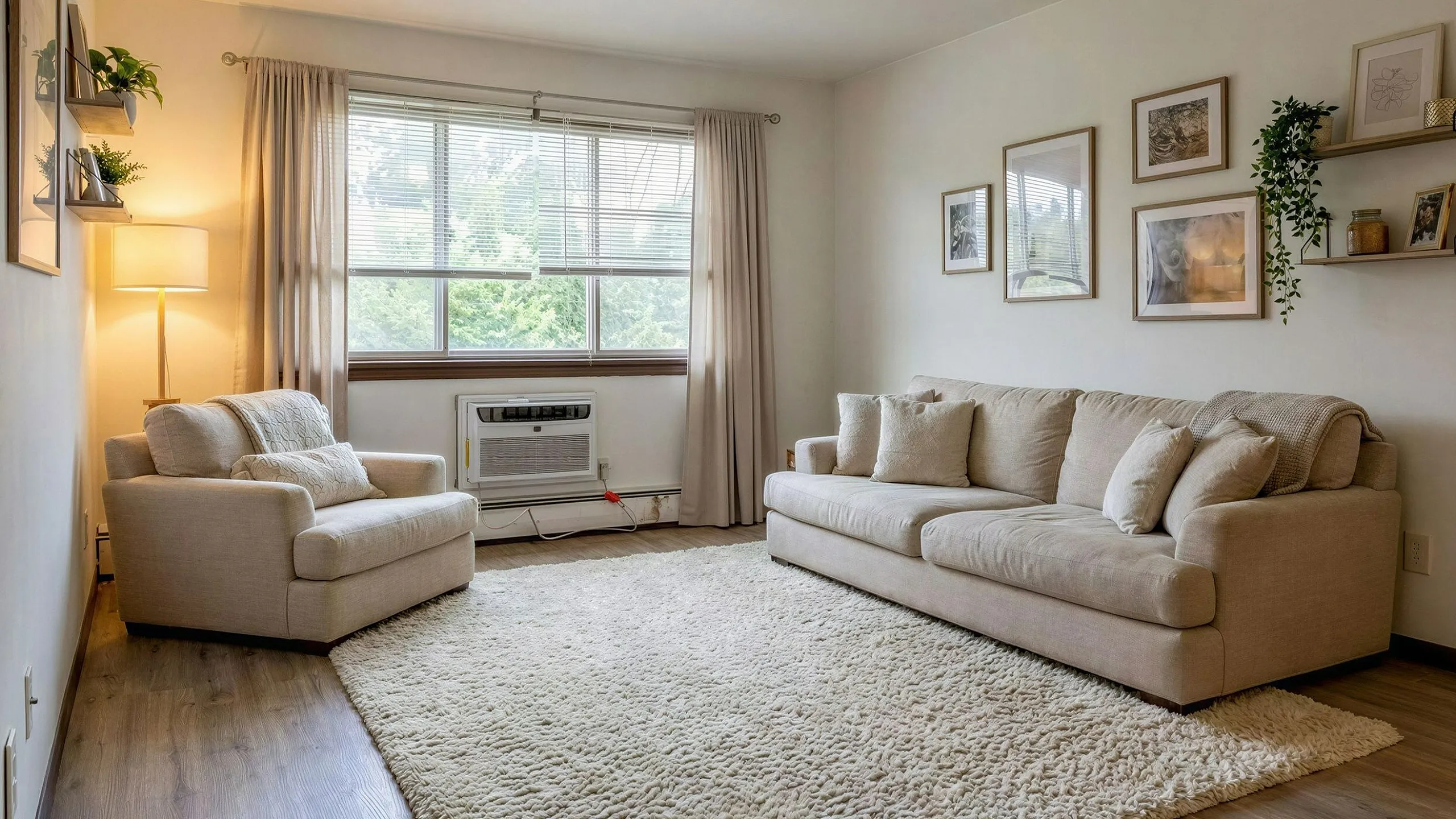 Inviting living room with plush beige sofas, bright natural light, and elegant decor creating a cozy yet modern ambiance.
