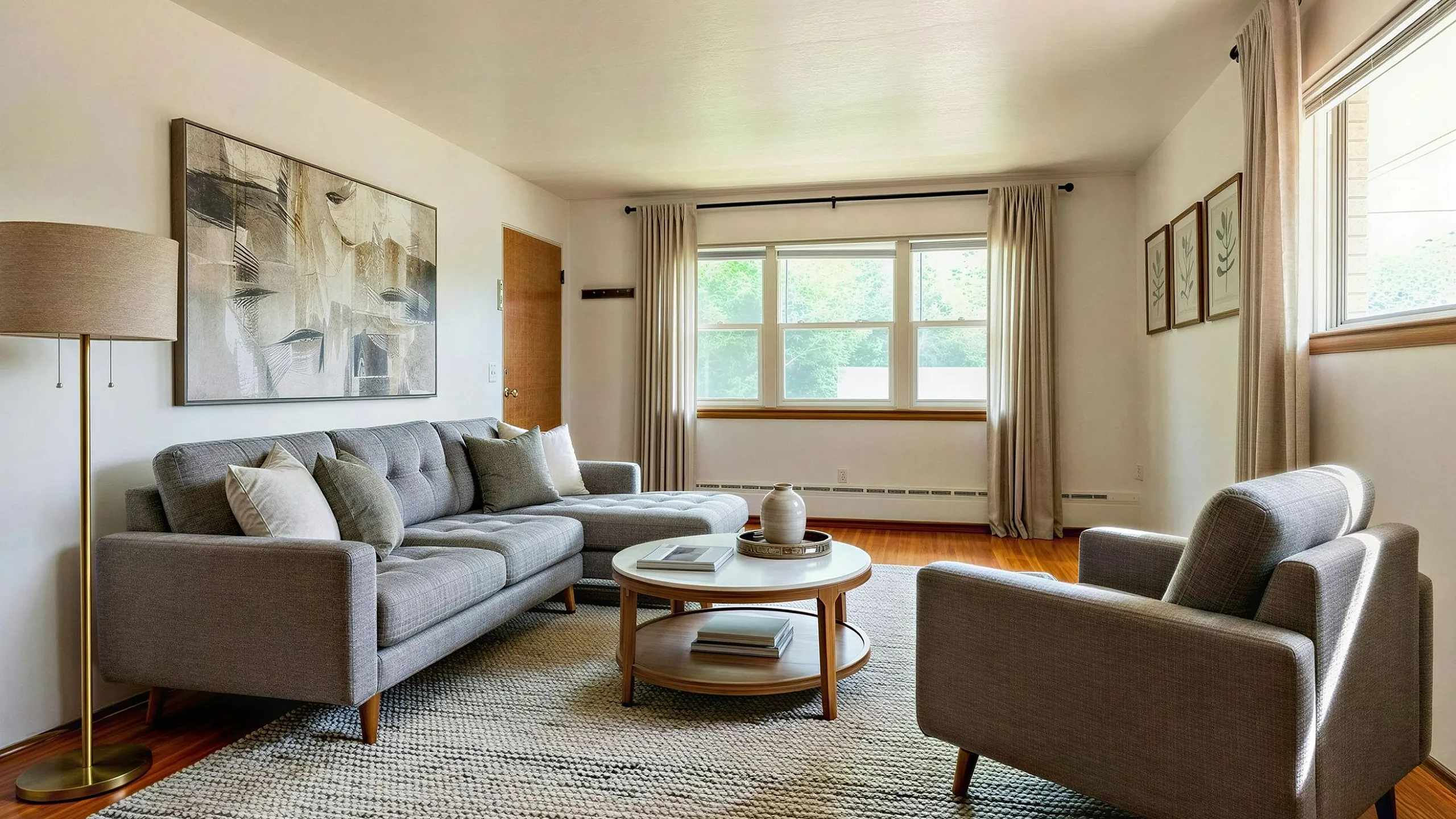 Inviting living room with modern gray sofas, stylish abstract art, and large windows letting in natural light.