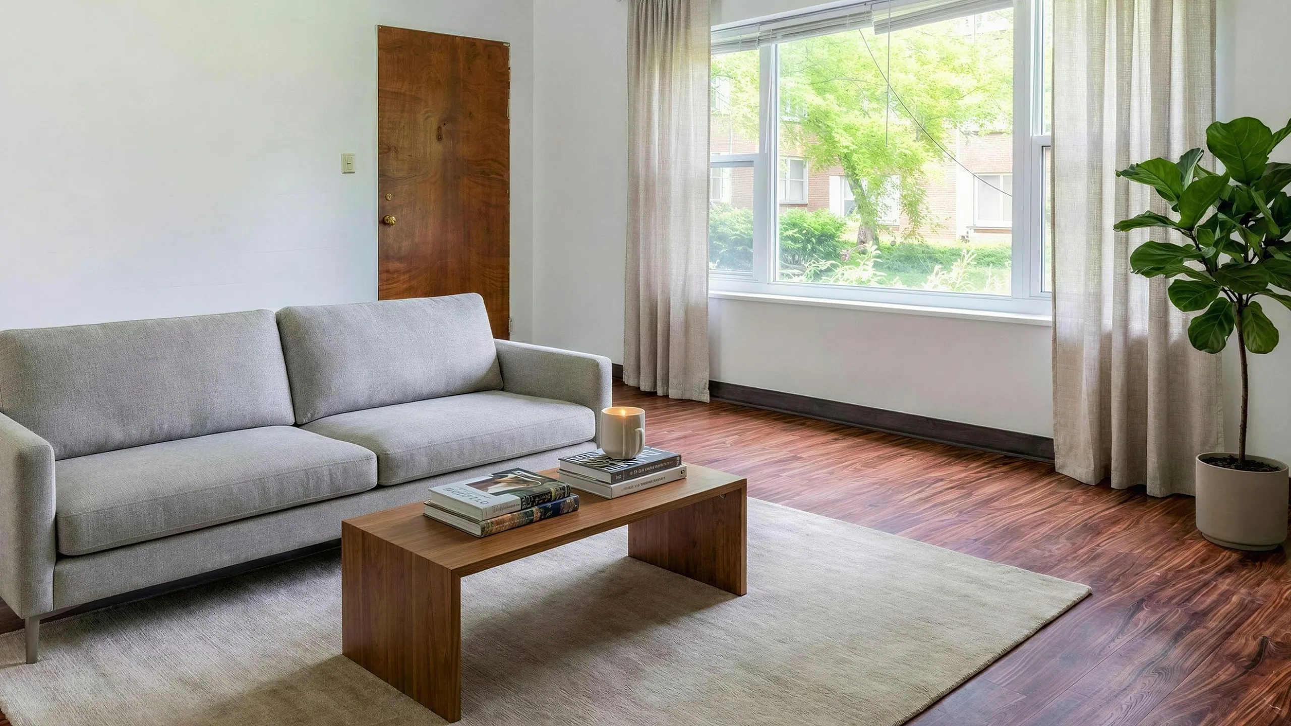 Bright living room with elegant wooden flooring, plush gray sofa, modern coffee table, and large window with lush garden view.