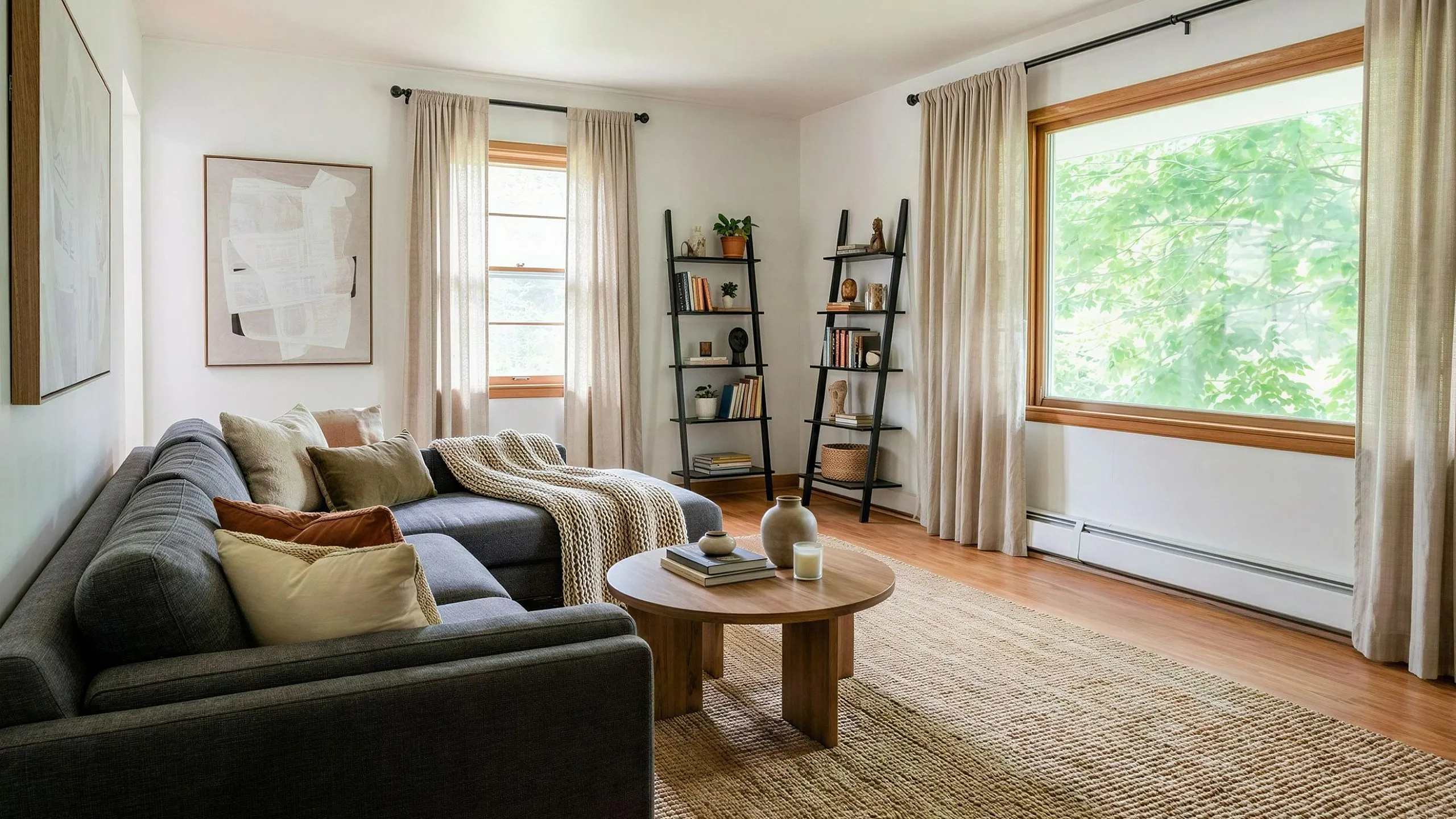 Inviting living room with large windows, cozy sectional sofa, and stylish shelving in a bright, airy space.