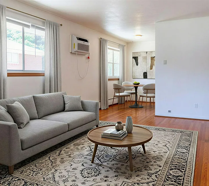 Bright and inviting living room with a stylish gray sofa, elegant wooden coffee table, and cozy dining area, perfect for relaxation and entertaining.