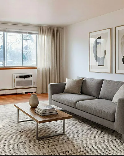 Bright and inviting living room with a plush gray sofa, modern coffee table, and large window draped with elegant curtains, offering ample natural light.
