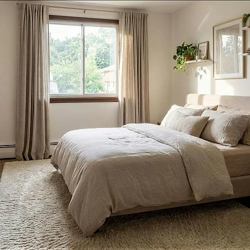 Inviting bedroom with a cozy beige bed, wooden dresser, and lush greenery by a sunlit window, perfect for relaxation.