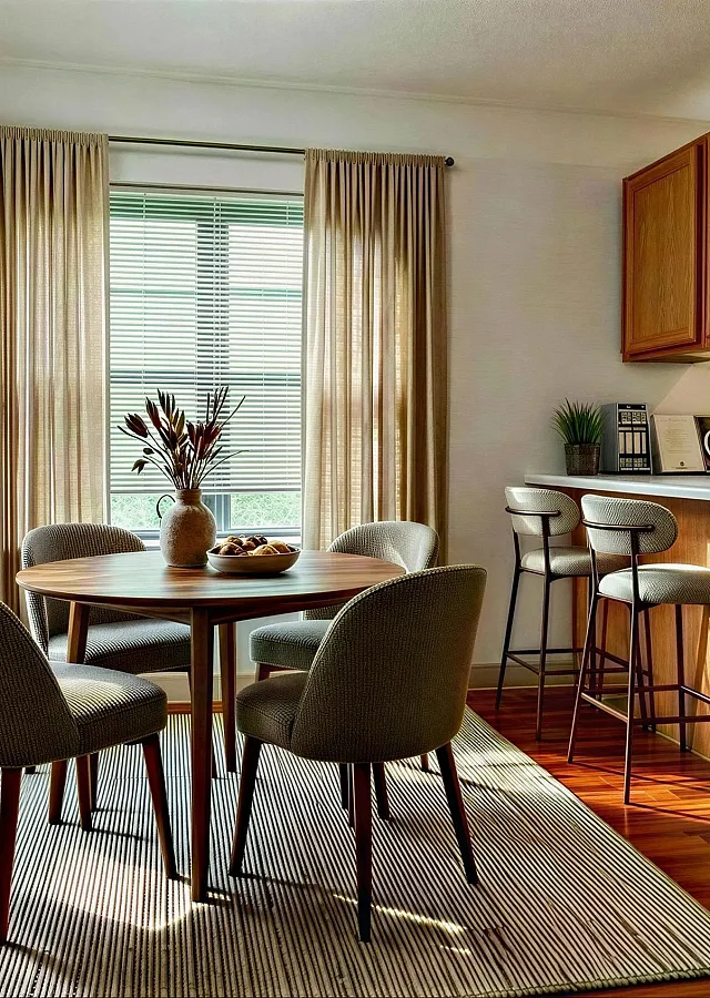 Bright dining area with elegant round table, comfortable chairs, and modern kitchen counter with bar stools, bathed in natural light.