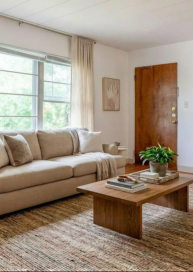 Bright and inviting living room featuring a large beige sofa, cozy armchair, and sleek wooden coffee table, complemented by natural light streaming through wide windows.