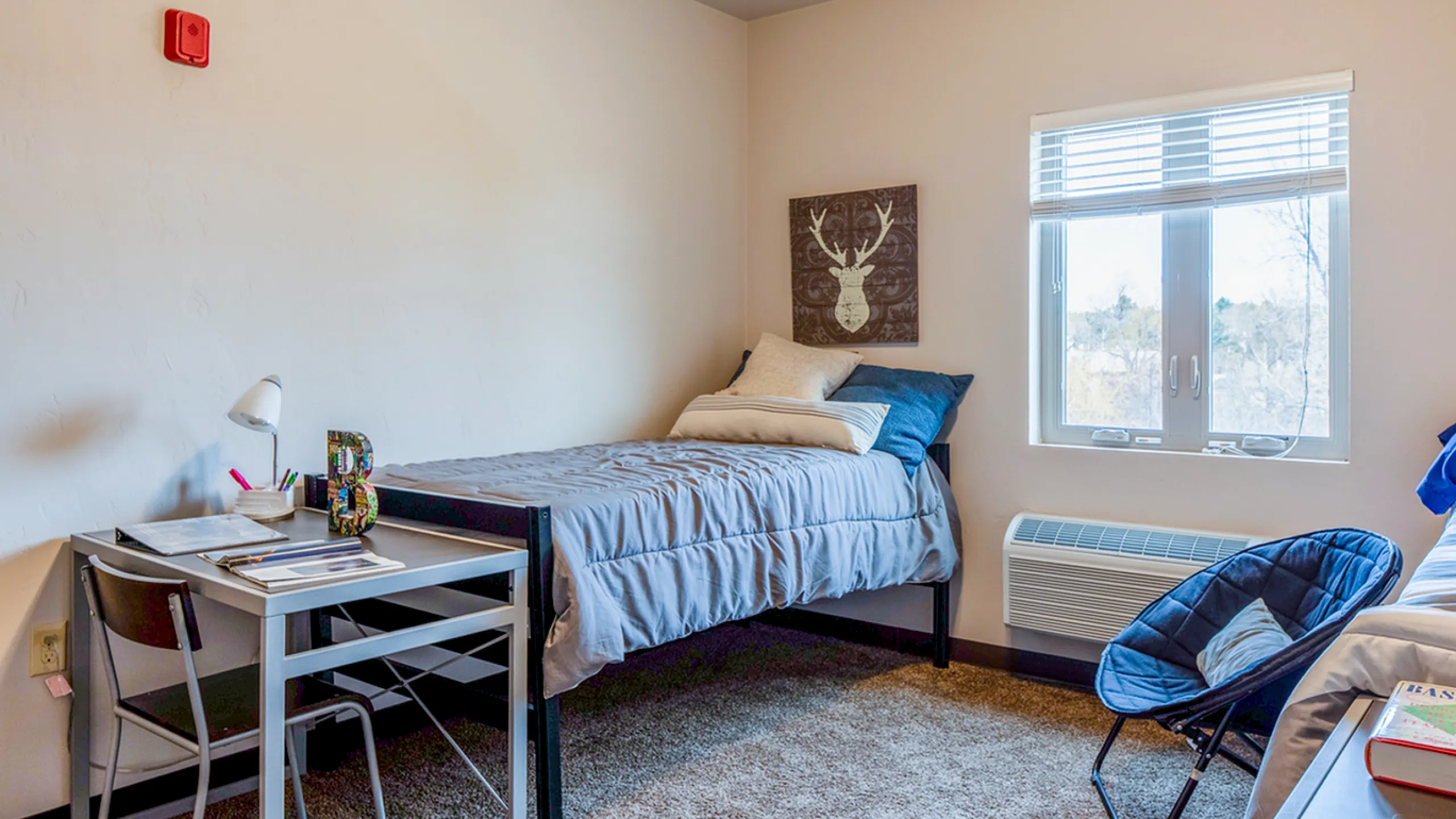 Bright and inviting bedroom with a cozy twin bed, study desk, and large window overlooking scenic views.