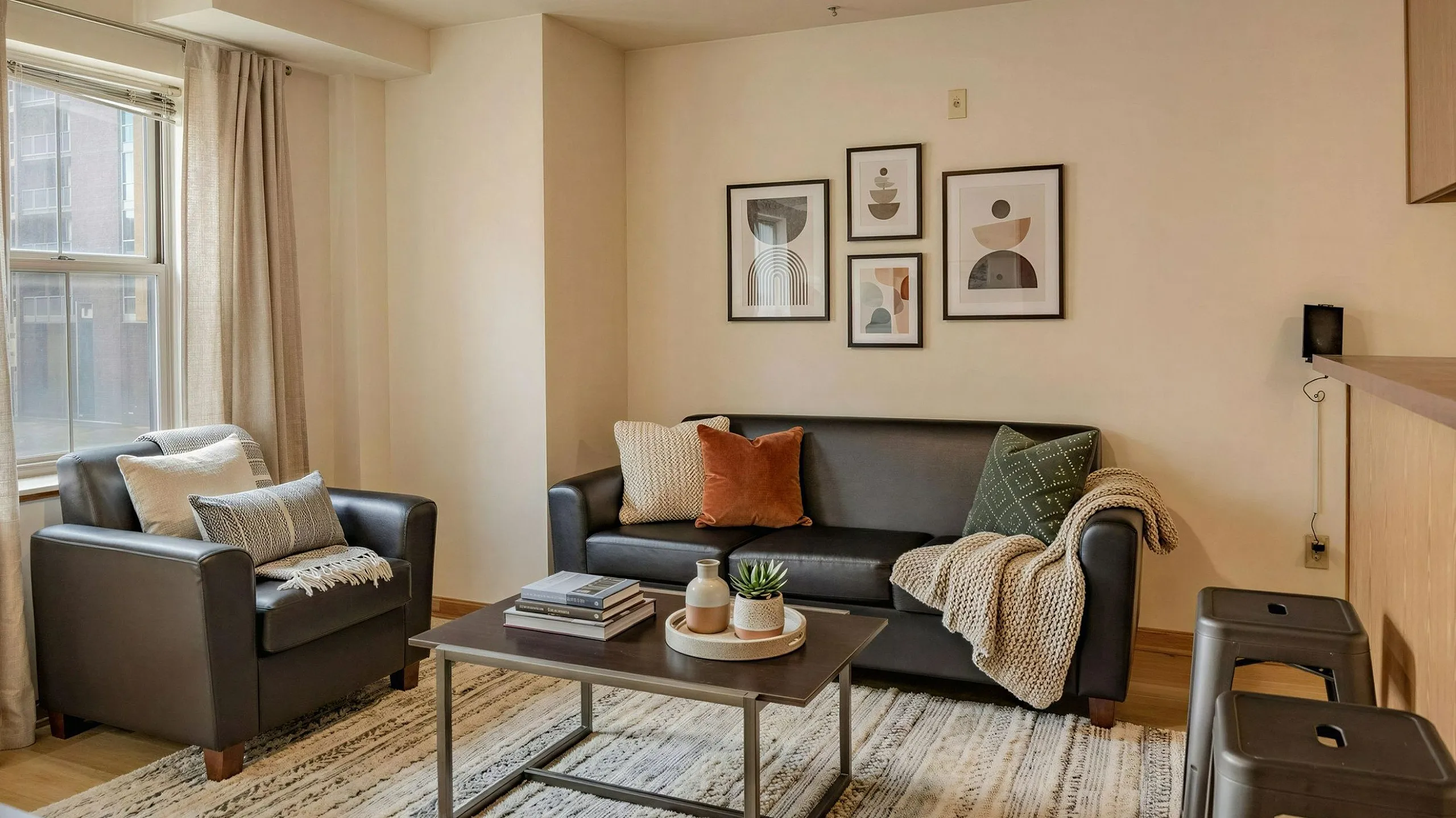 Inviting living room with modern decor, featuring a cozy leather sofa, armchair, and stylish wall art in a well-lit apartment.