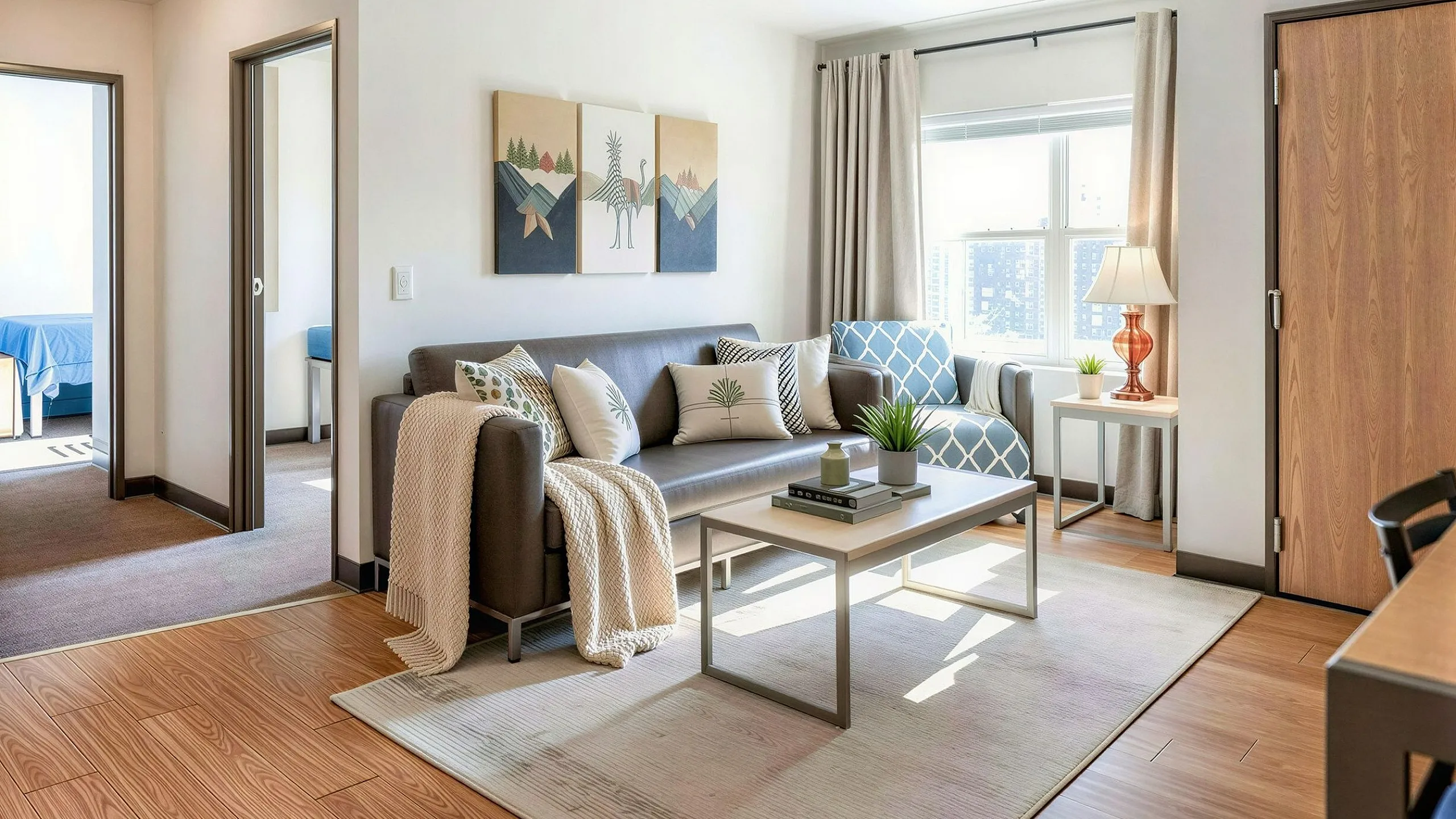Bright and cozy living room with stylish decor, plush gray sofa, chic armchair, and modern coffee table, highlighted by natural light pouring through large windows.