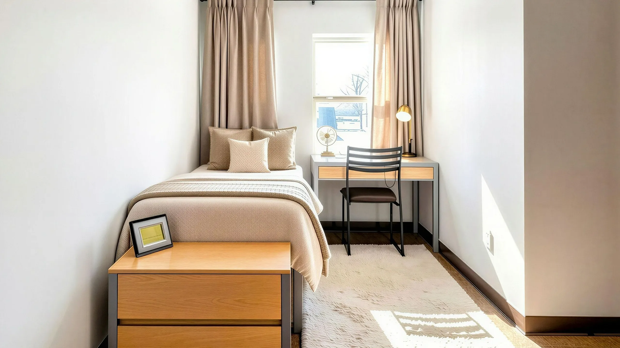 Bright and cozy bedroom featuring a single bed, elegant desk area, and large window with natural light.