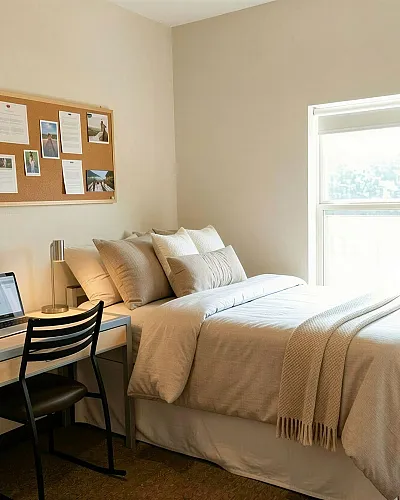 Charming bedroom with cozy, neatly made bed, stylish desk with laptop, and sunlit window creating a welcoming atmosphere.