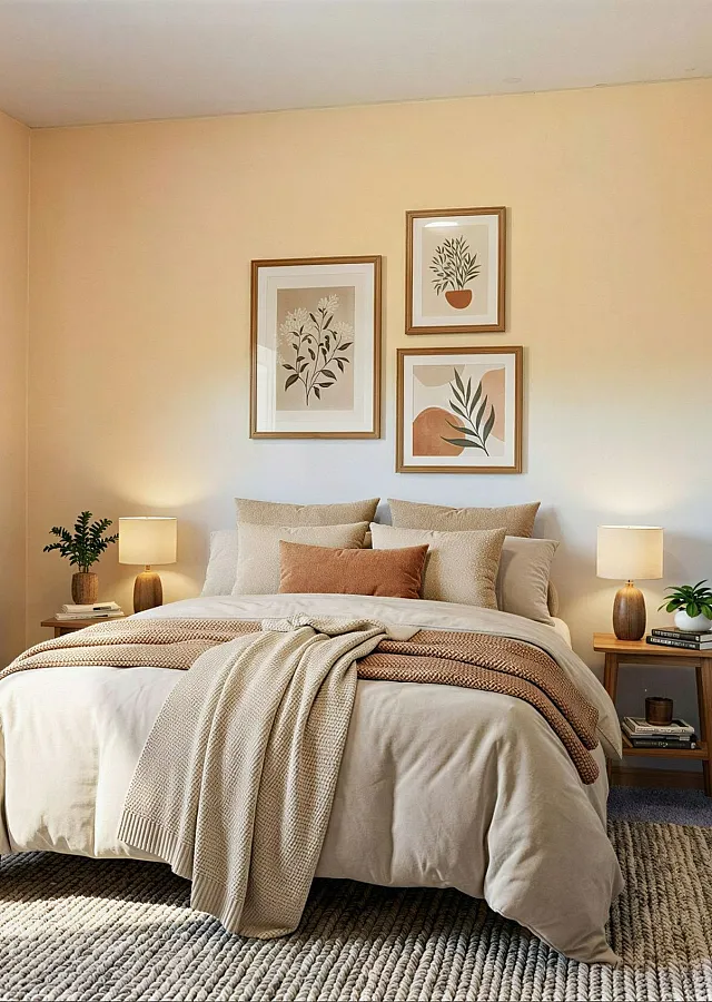 Elegant bedroom with a cozy bed, soft earthy tones, stylish artwork, and a full-length mirror.