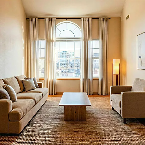 Elegant living room with a cozy beige sofa, modern armchair, and large window offering a cityscape view, bathed in natural light.