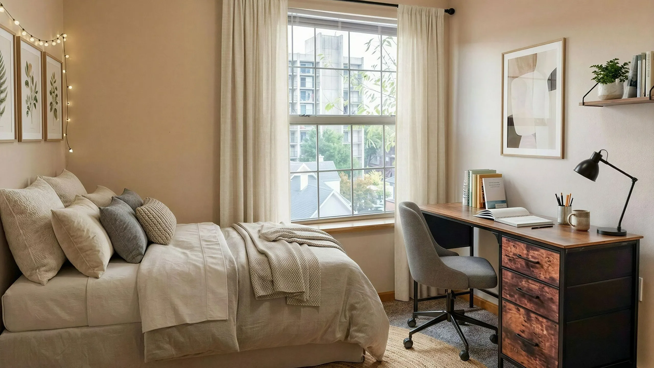Cozy bedroom with a comfortable bed, elegant desk setup, and a large window providing natural light, perfect for relaxation and productivity.