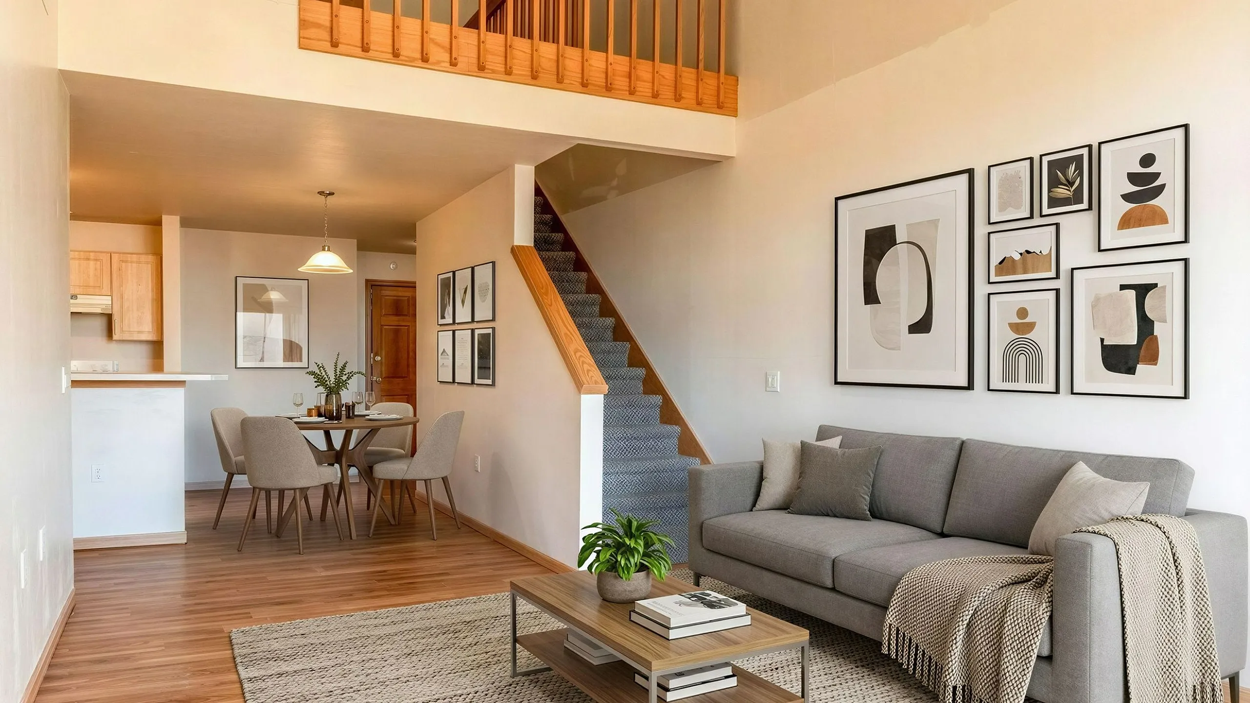 Modern open-concept living space with sleek gray sofa, stylish artwork, cozy dining area, and inviting loft accentuated by warm wood tones and natural light.