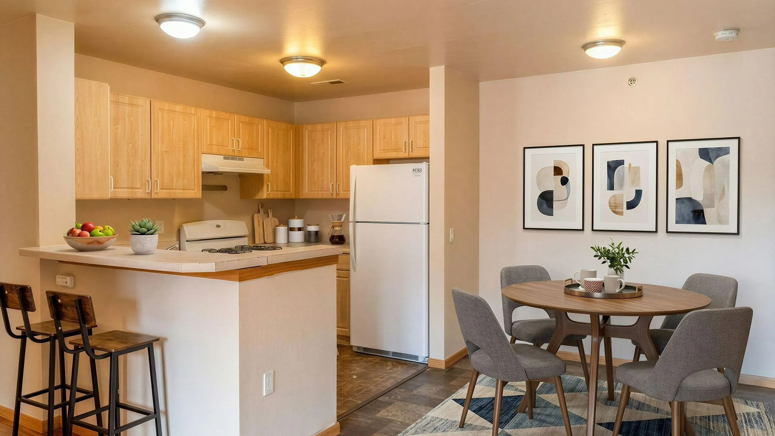 Chic apartment kitchen with modern wooden cabinetry, inviting dining area, and cozy breakfast bar.