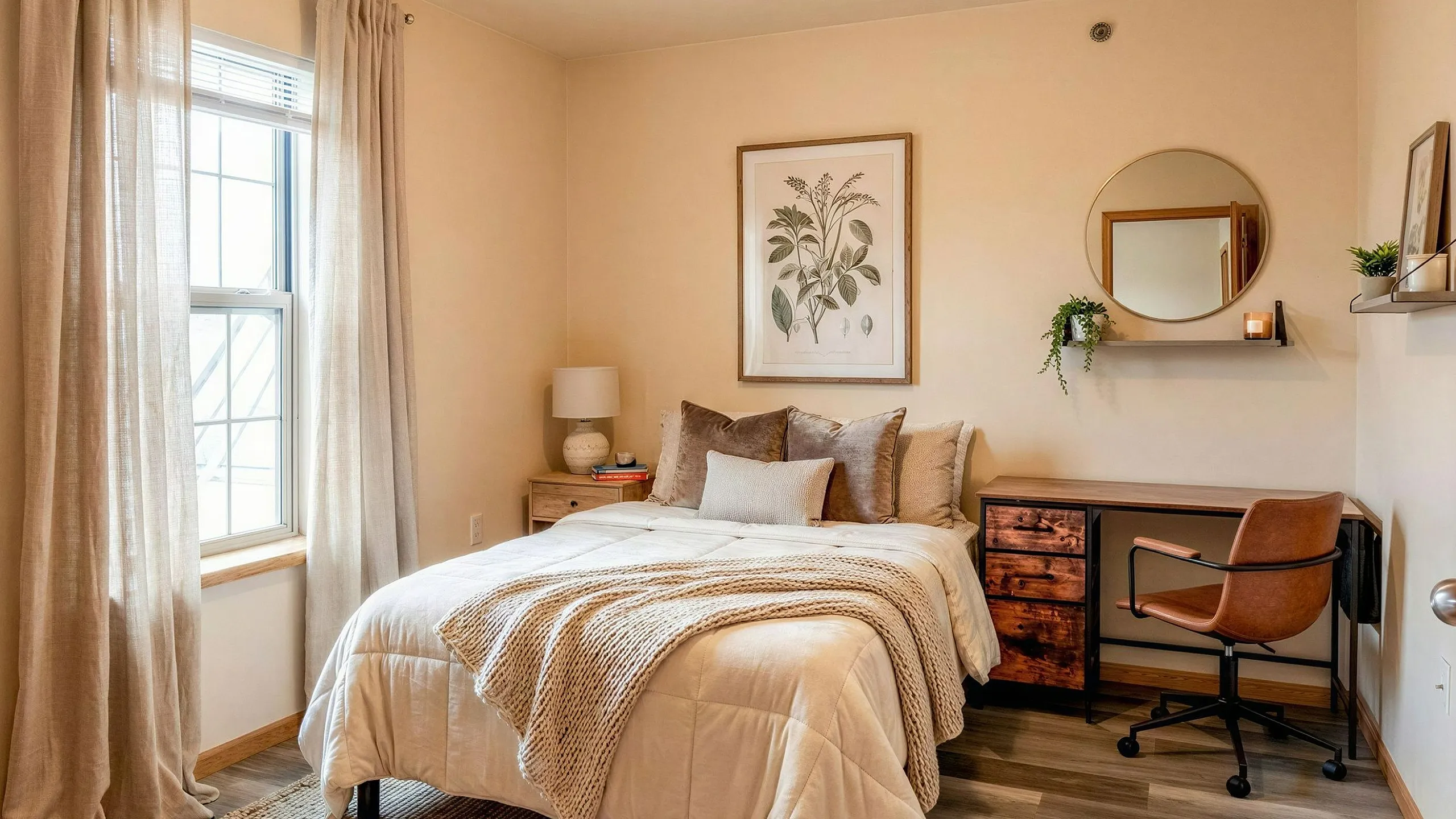 Inviting bedroom with cozy bed, stylish decor, and natural light streaming through large windows.