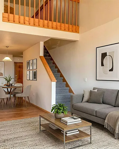 Elegant open-plan living space featuring a modern gray sofa, stylish dining area, and a cozy loft with chic wall art and warm wood accents.