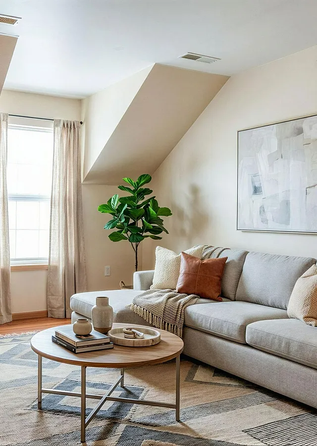 Cozy living room with modern decor features a comfortable gray sofa, stylish round coffee table, and natural light streaming through large windows draped with sheer curtains. A houseplant adds a touch of greenery, enhancing the serene ambia