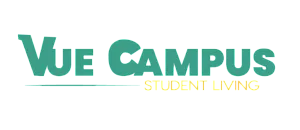 Vue Campus logo with modern typography in teal and yellow, representing vibrant student living.