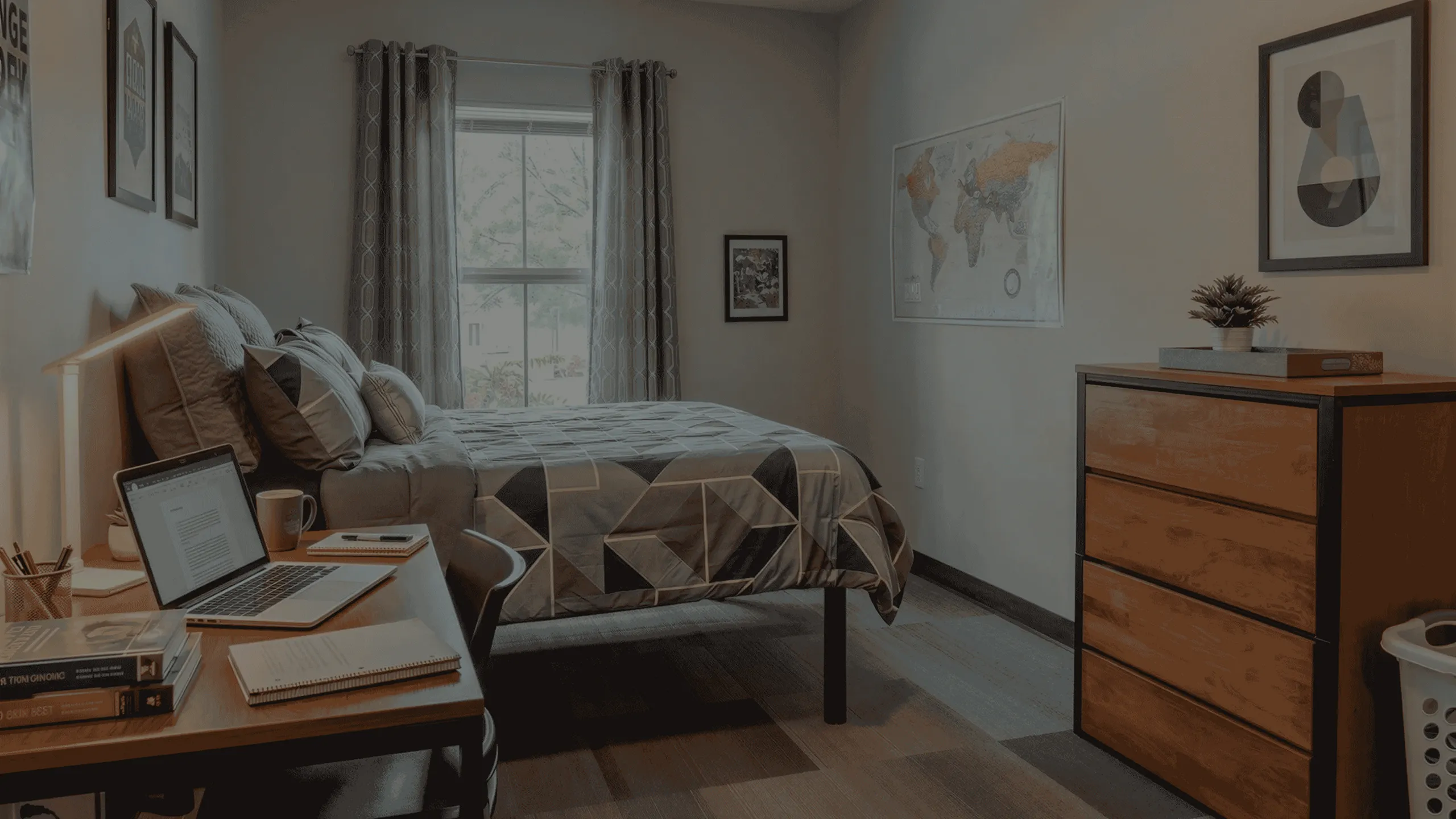 Cozy bedroom with a modern design featuring a comfortable bed, sleek desk with laptop, and large sunny window for ample natural light.
