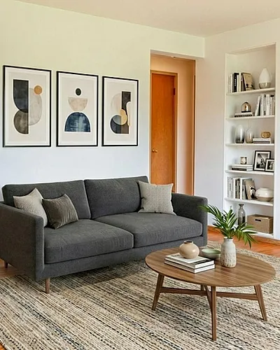 Inviting open-plan living area featuring a cozy gray sofa, contemporary artwork, and a seamless transition to the charming kitchen space.