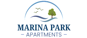 Charming Marina Park Apartments logo featuring a scenic arch with flying birds and a lush tree, emphasizing natural elegance and tranquil living.