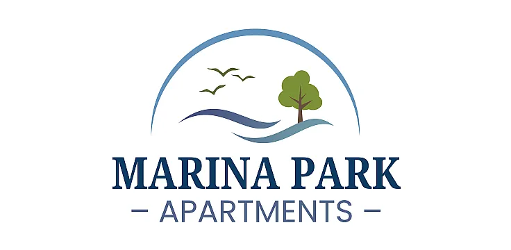 Elegant Marina Park Apartments logo featuring nature-inspired design with birds, a tree, and flowing waves.