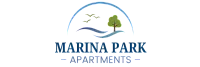 Elegant Marina Park Apartments logo featuring a serene landscape with flying birds, a tree, and gentle waves, capturing the essence of tranquil living.