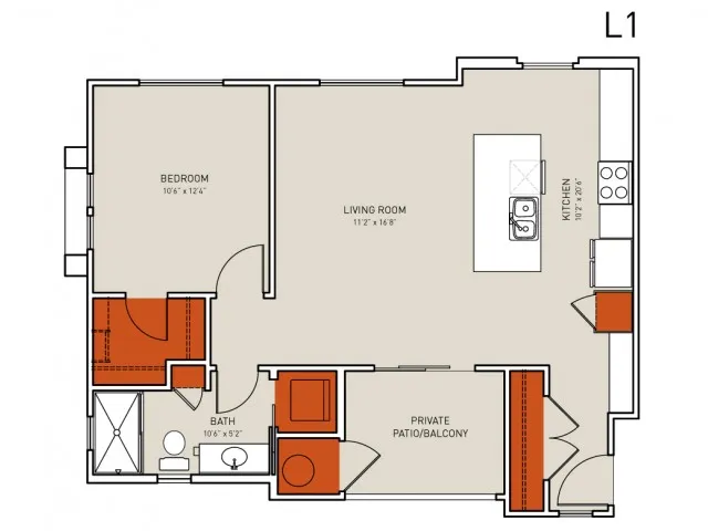 L1 1 Bed, 1 Bath, 824 sq.ft Floor Plan