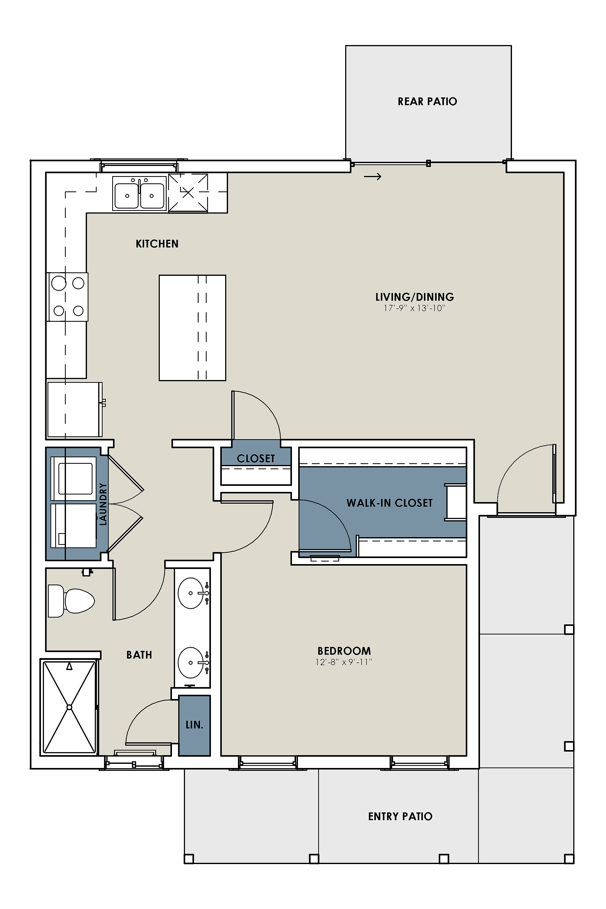 Modern 1-bedroom floor plan with spacious living/dining area, stylish kitchen, walk-in closet, and dual patios.
