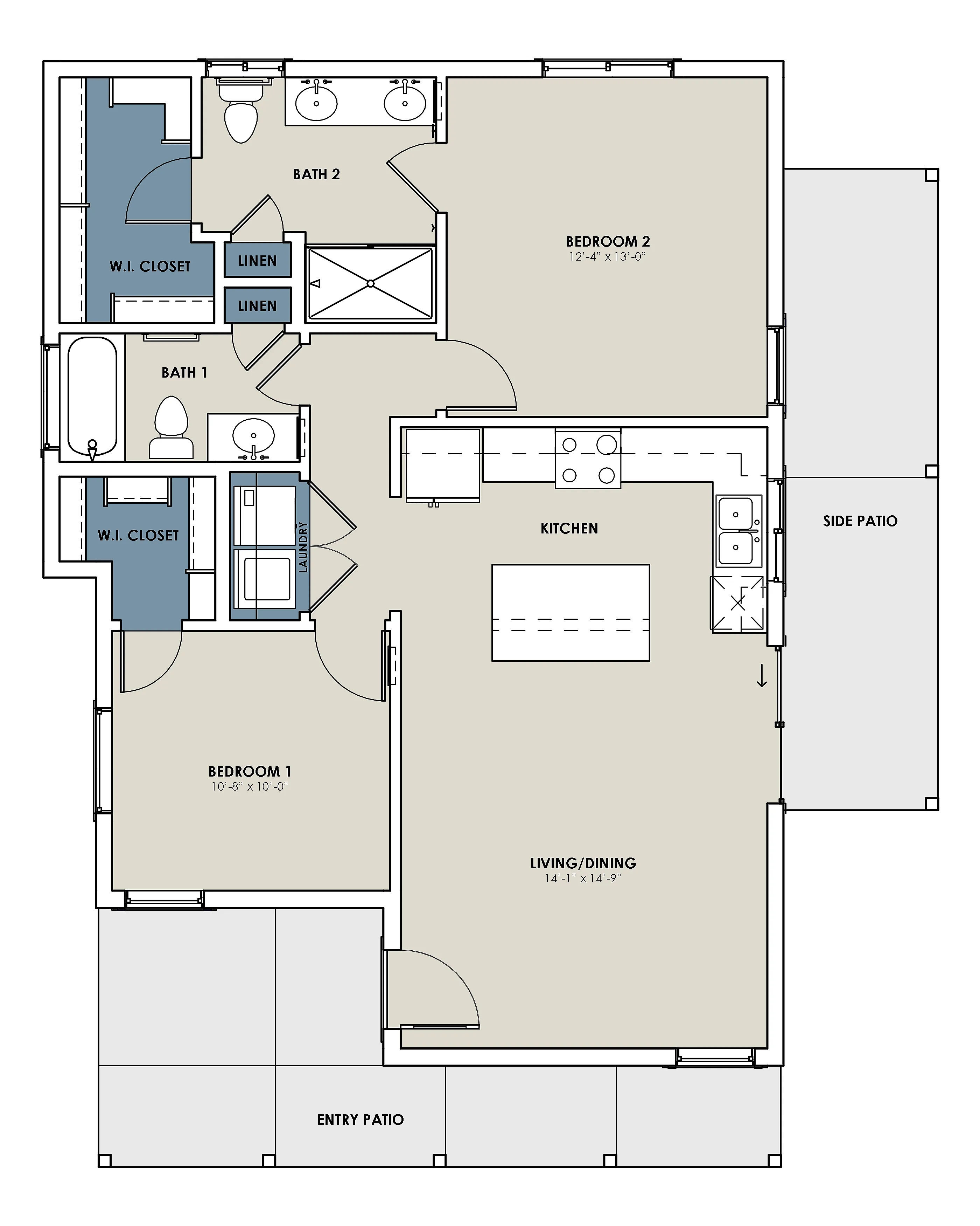 Modern floor plan with 2 bedrooms, open kitchen, spacious living/dining area, dual patios, and elegant bathrooms.