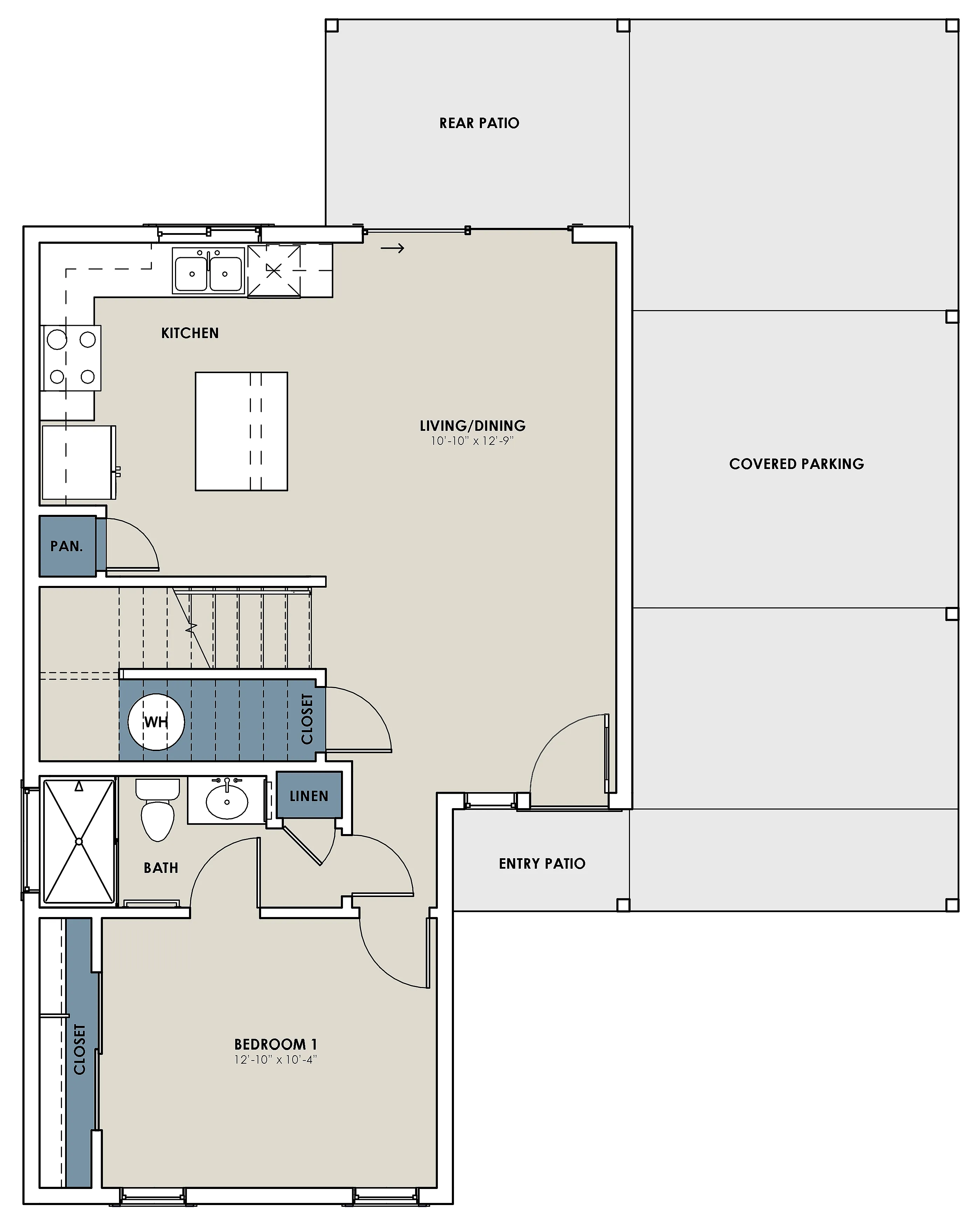 Contemporary floor plan showcasing one bedroom on the main level, open-concept kitchen and living/dining area, entry and rear patios, with covered parking space.