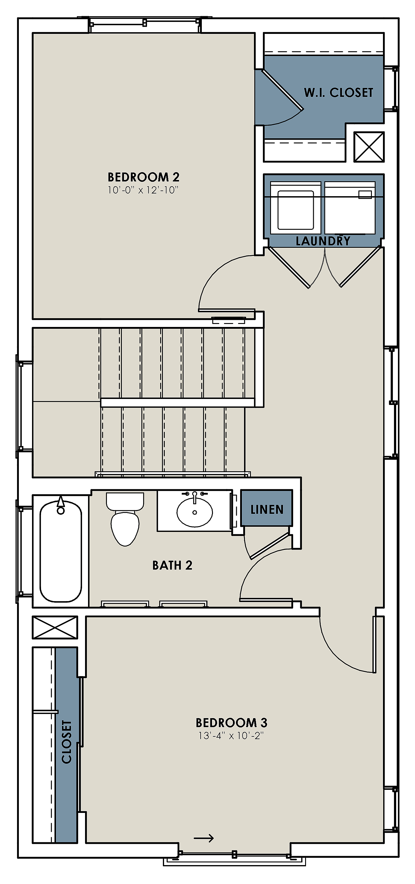 Convenient second level showcasing another two bedrooms, one with a walk-in closet, laundry area, and well-appointed bathroom layout.