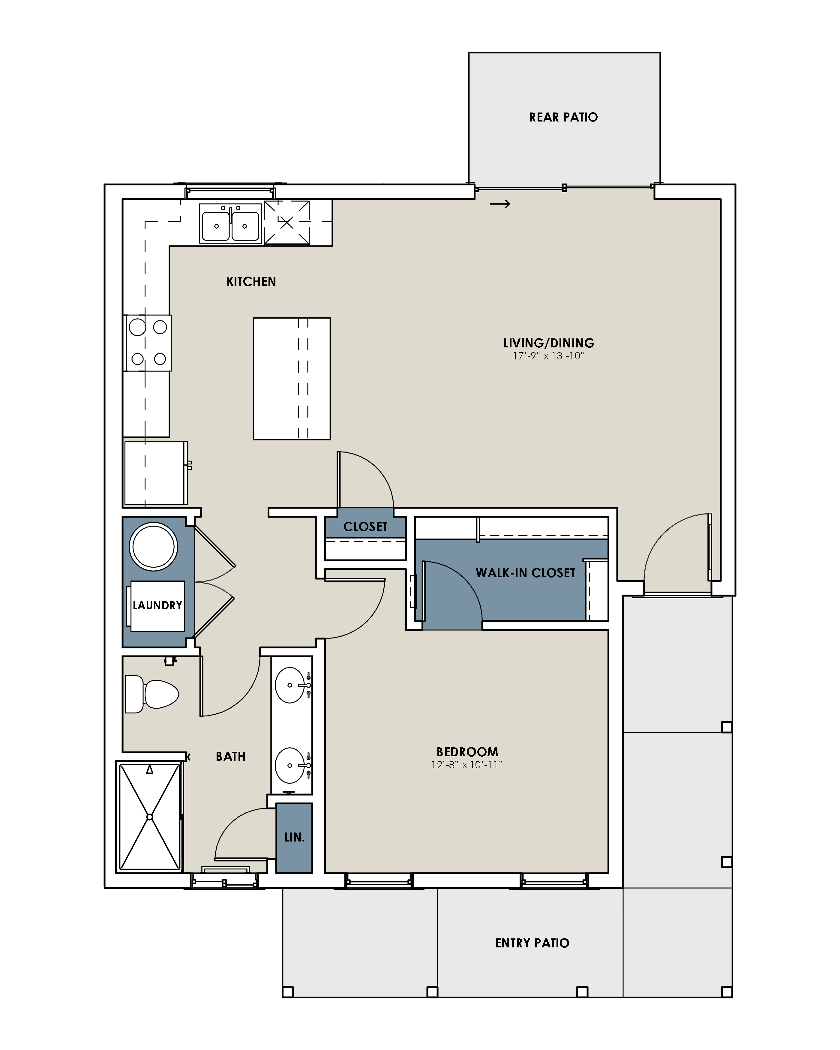 Modern floor plan showcasing one-bedroom with spacious walk-in closet, open living/dining area, and well-equipped kitchen, featuring front and rear patios.