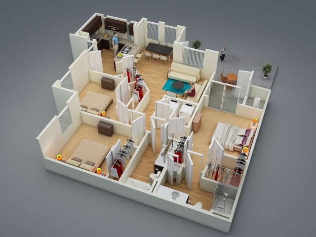 C1 Barrier Free 3 Bed, 2 Bath, 1266 sq.ft Floor Plan