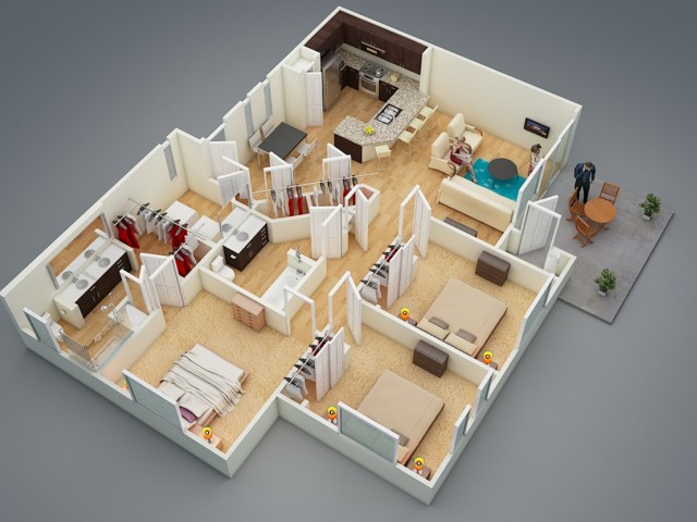 C2 3 Bed, 2 Bath, 1285 sq.ft Floor Plan