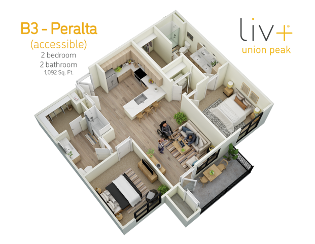 Peralta Accessible 2 Bedrooms Floor plan 3D
