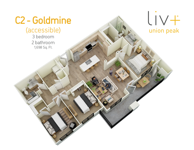 Goldmine Accessible 3 Bedrooms Floor Plan 3D