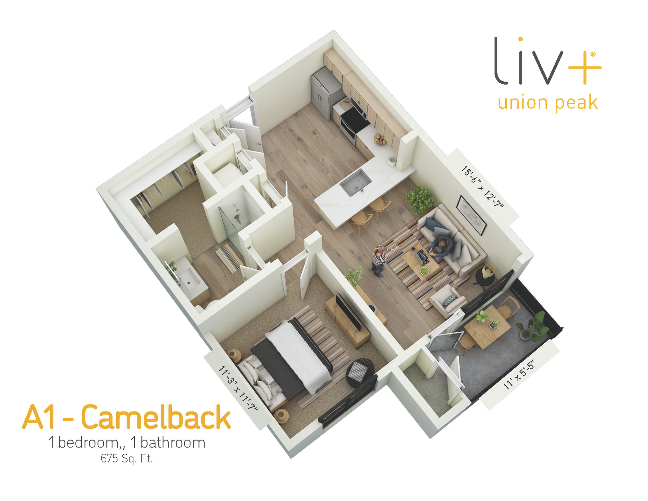 Camelback 1 Bedroom Floor plan 3D