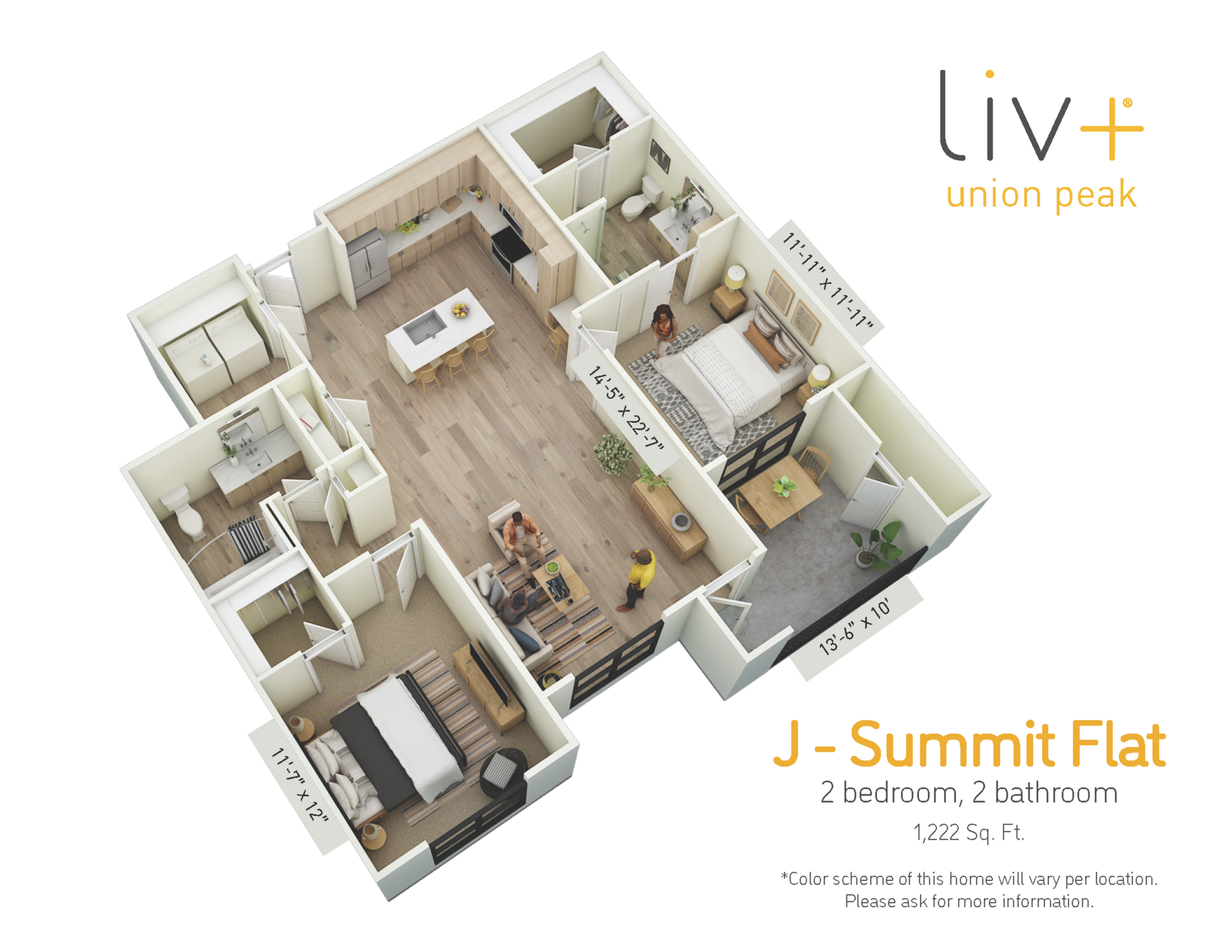 Summit Flat 2 Bedrooms Floor Plan 3D