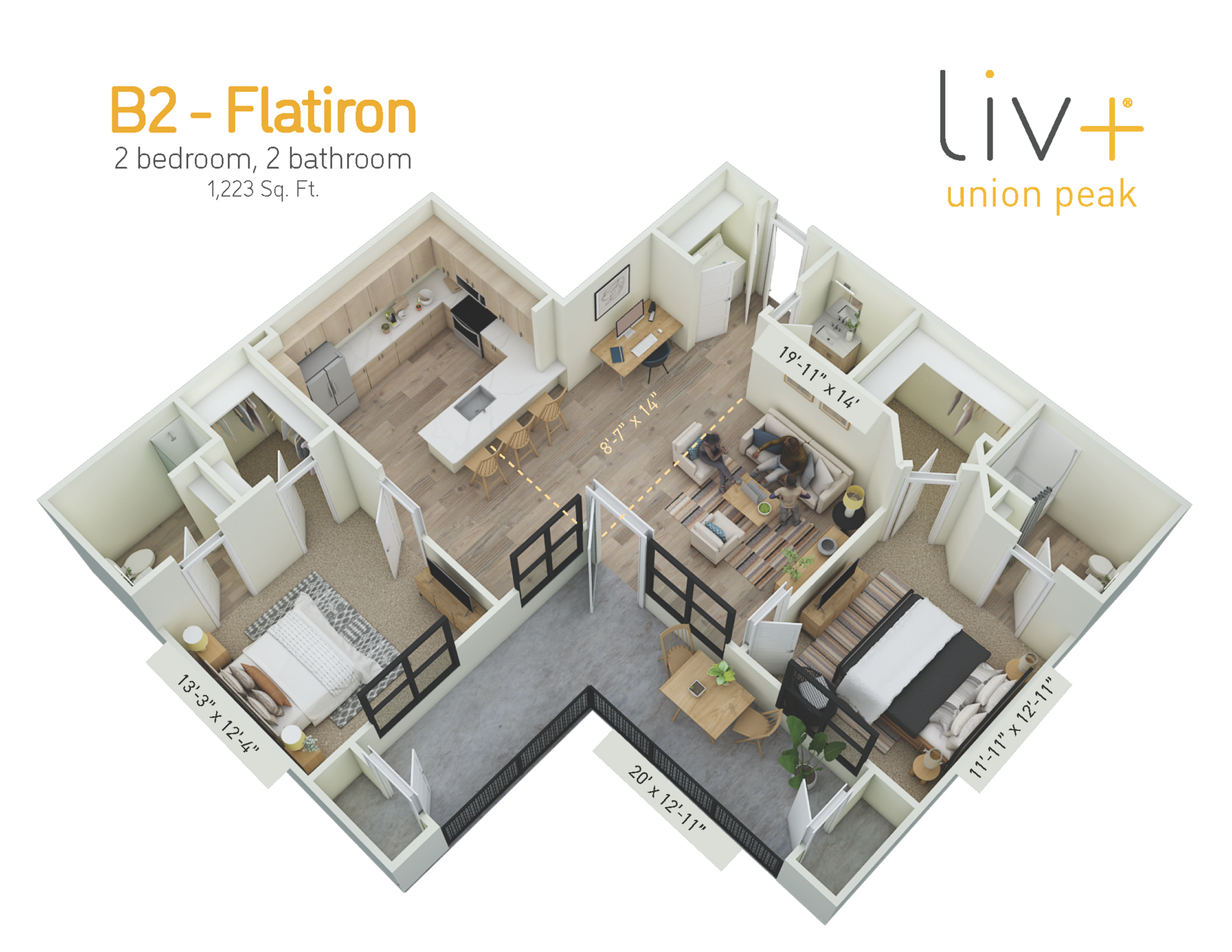 Flatiron 2 Bedrooms Floor Plan 3D