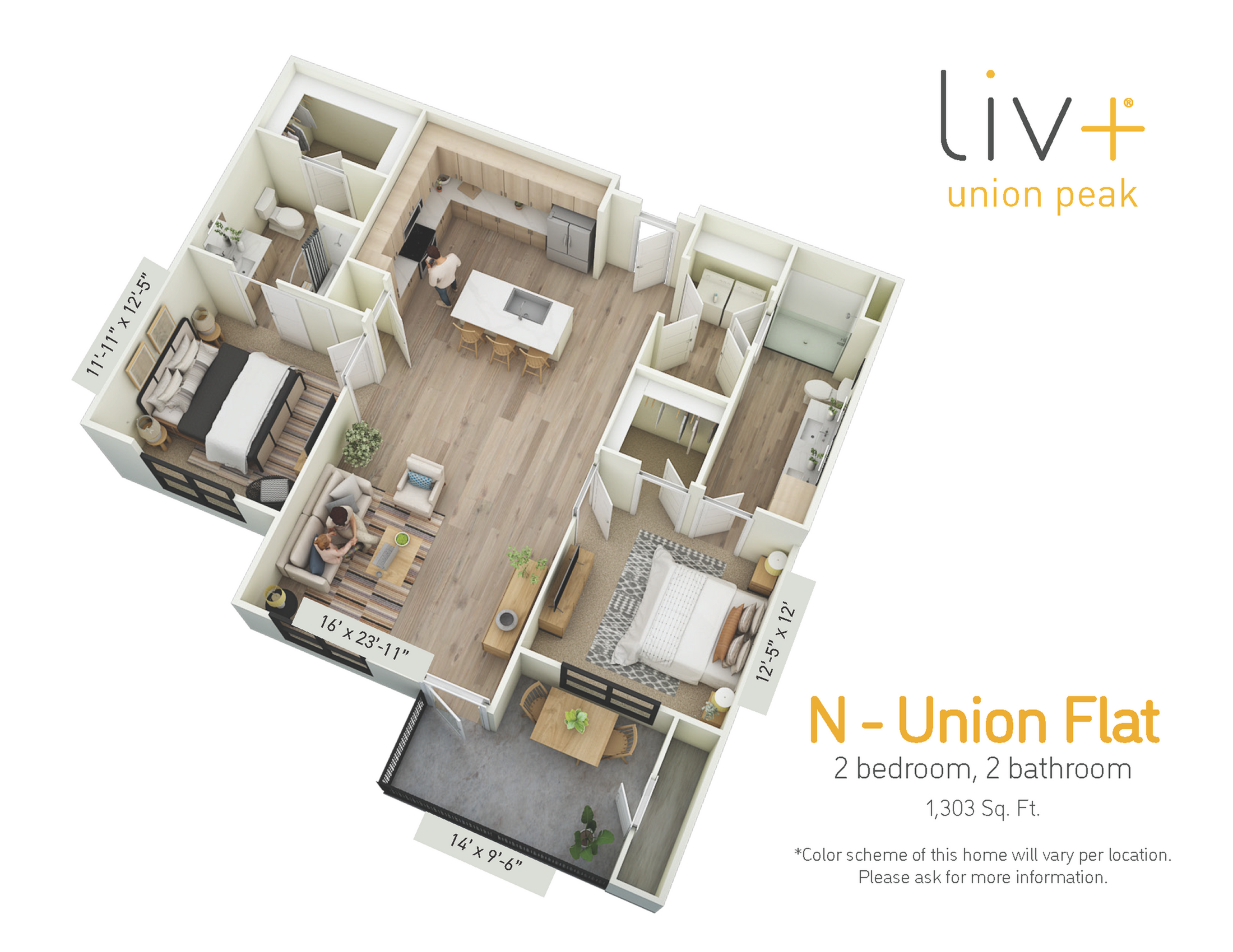Union Flat 2 Bedrooms Floor Plan 3D