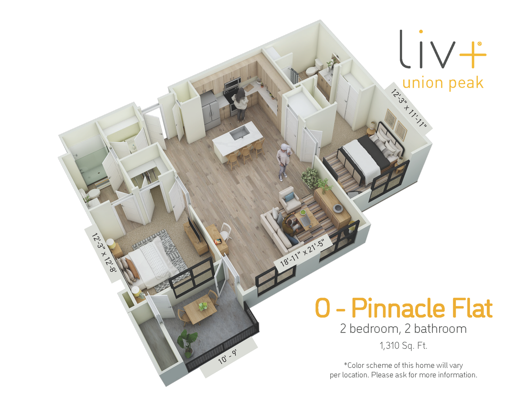 Pinnacle Flat 2 Bedrooms Floor Plan 3D