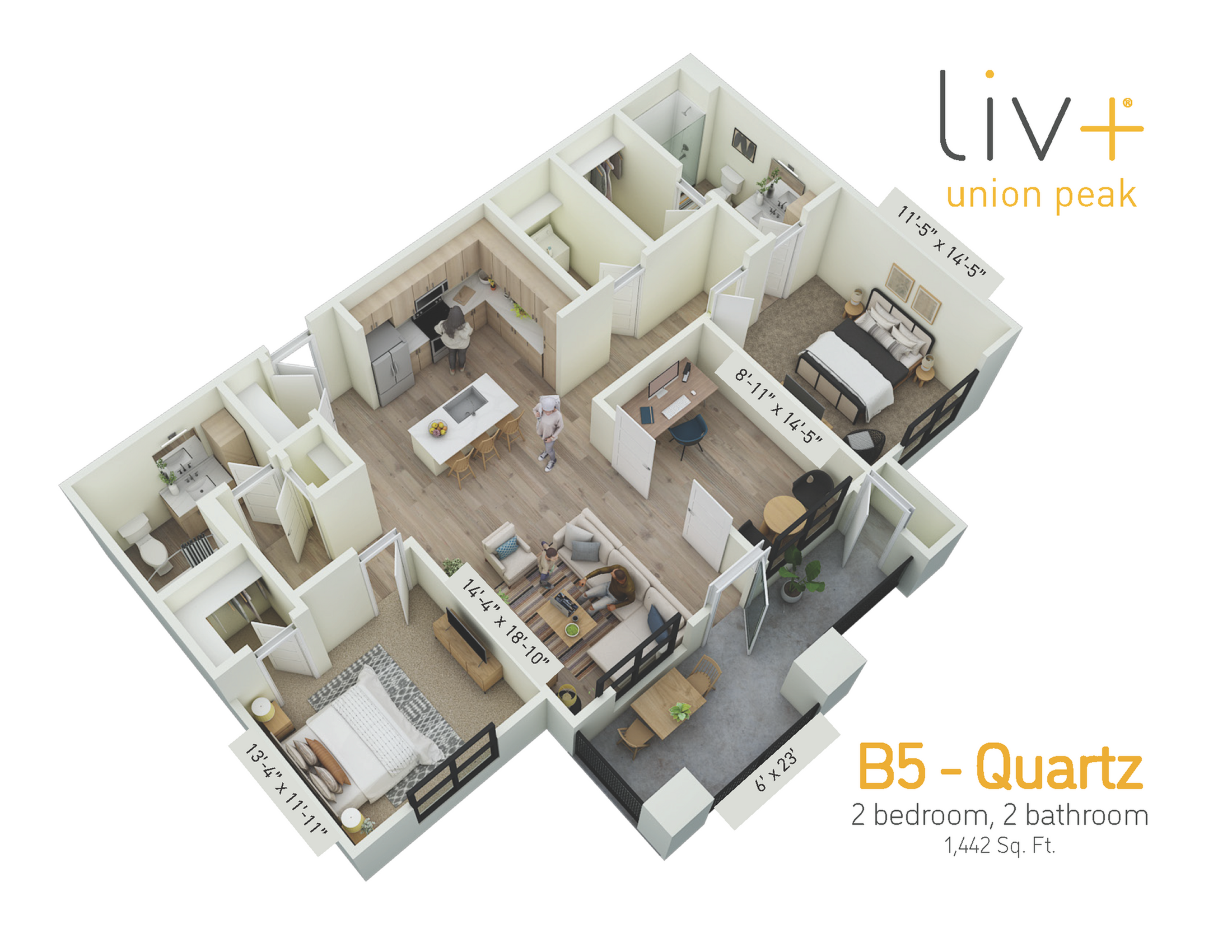 Quartz 2 Bedrooms Floor Plan 3D