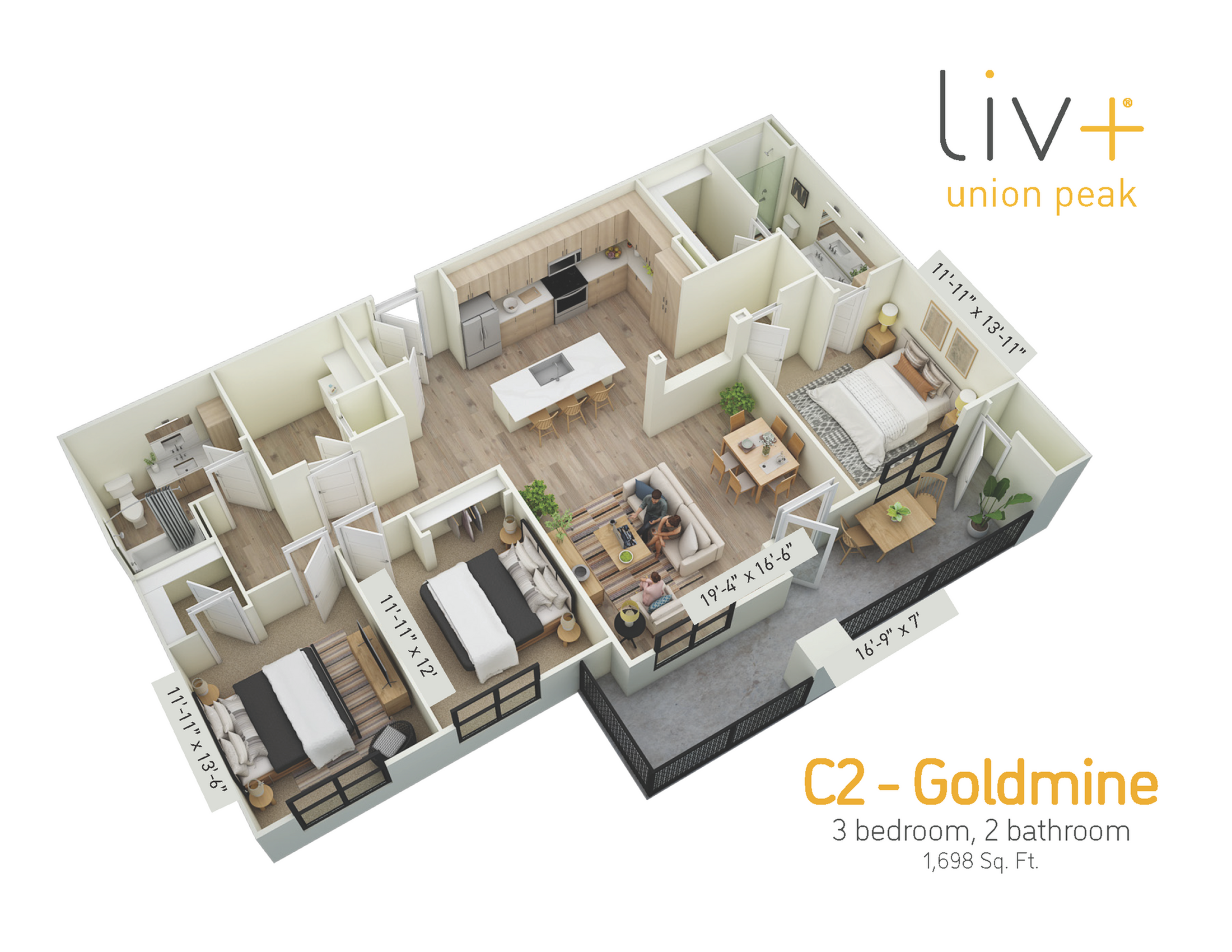 Goldmine 3 Bedrooms Floor Plan 3D