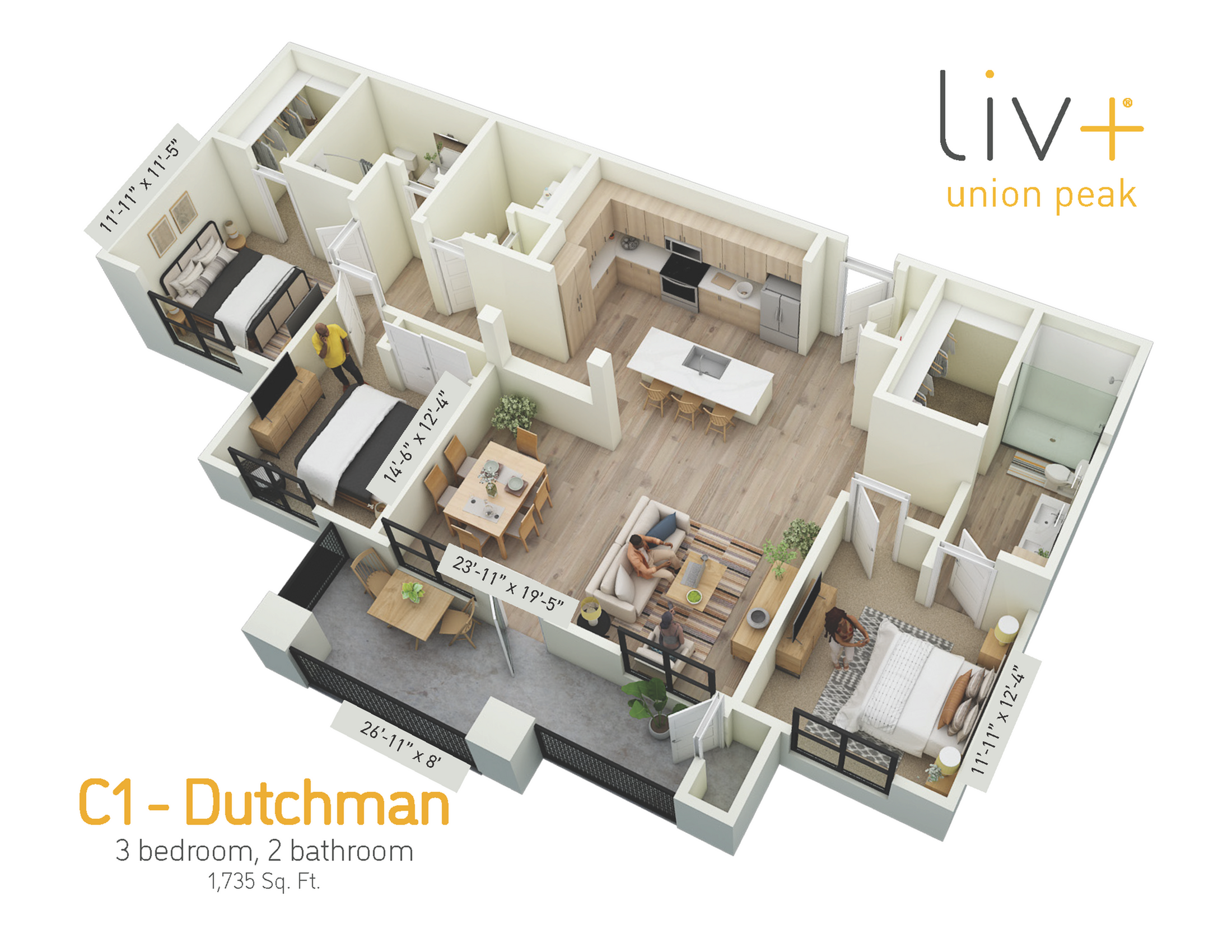 Dutchman 3 Bedrooms Floor Plan 3D