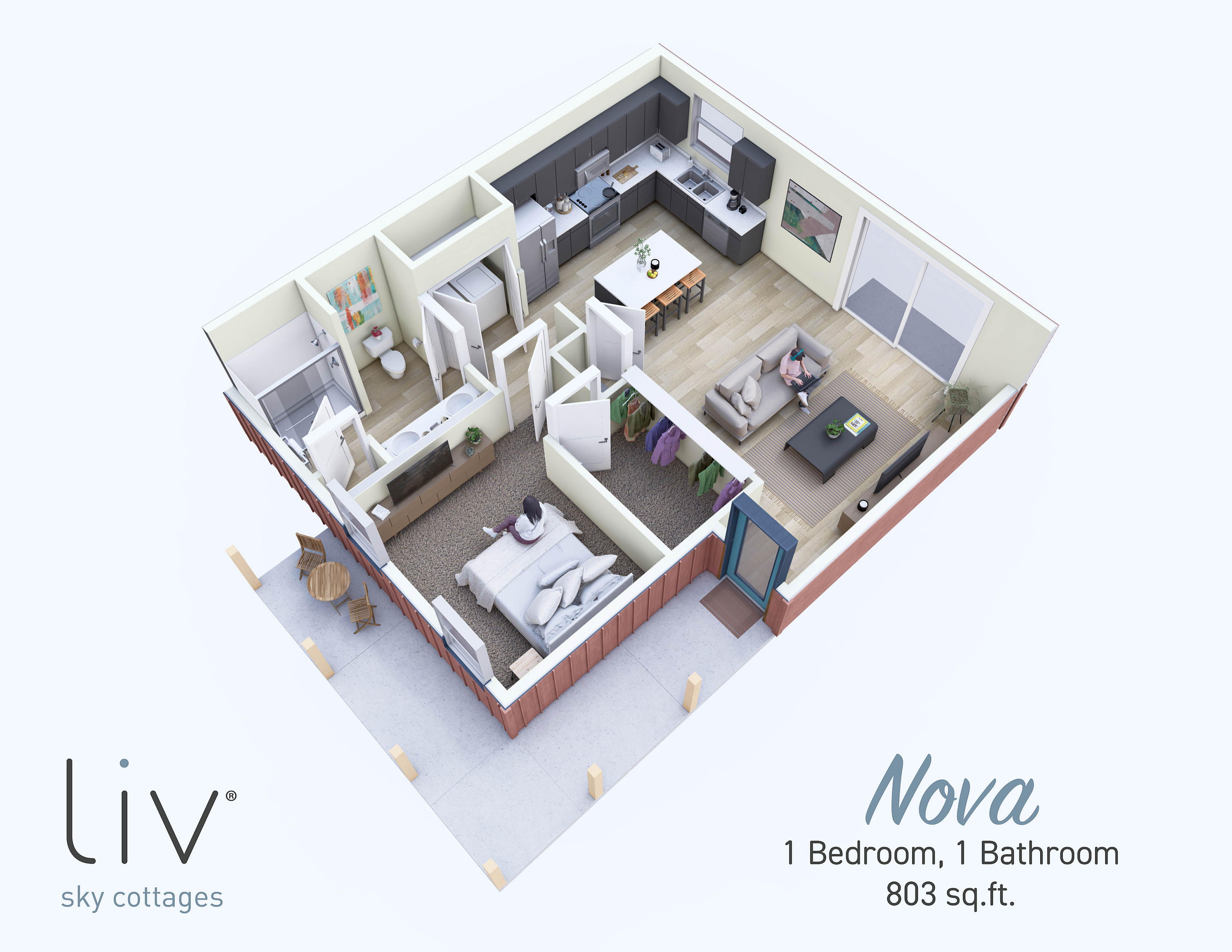 Nova floor plan showcasing a modern 1-bedroom, 1-bathroom layout with an open-concept kitchen and living area, totaling 803 sq.ft. Features include a cozy balcony space and stylish interior design in Liv sky cottages.