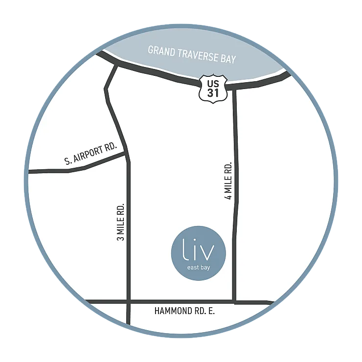 Stylish circular map highlighting key roads and US 31 near Grand Traverse Bay.