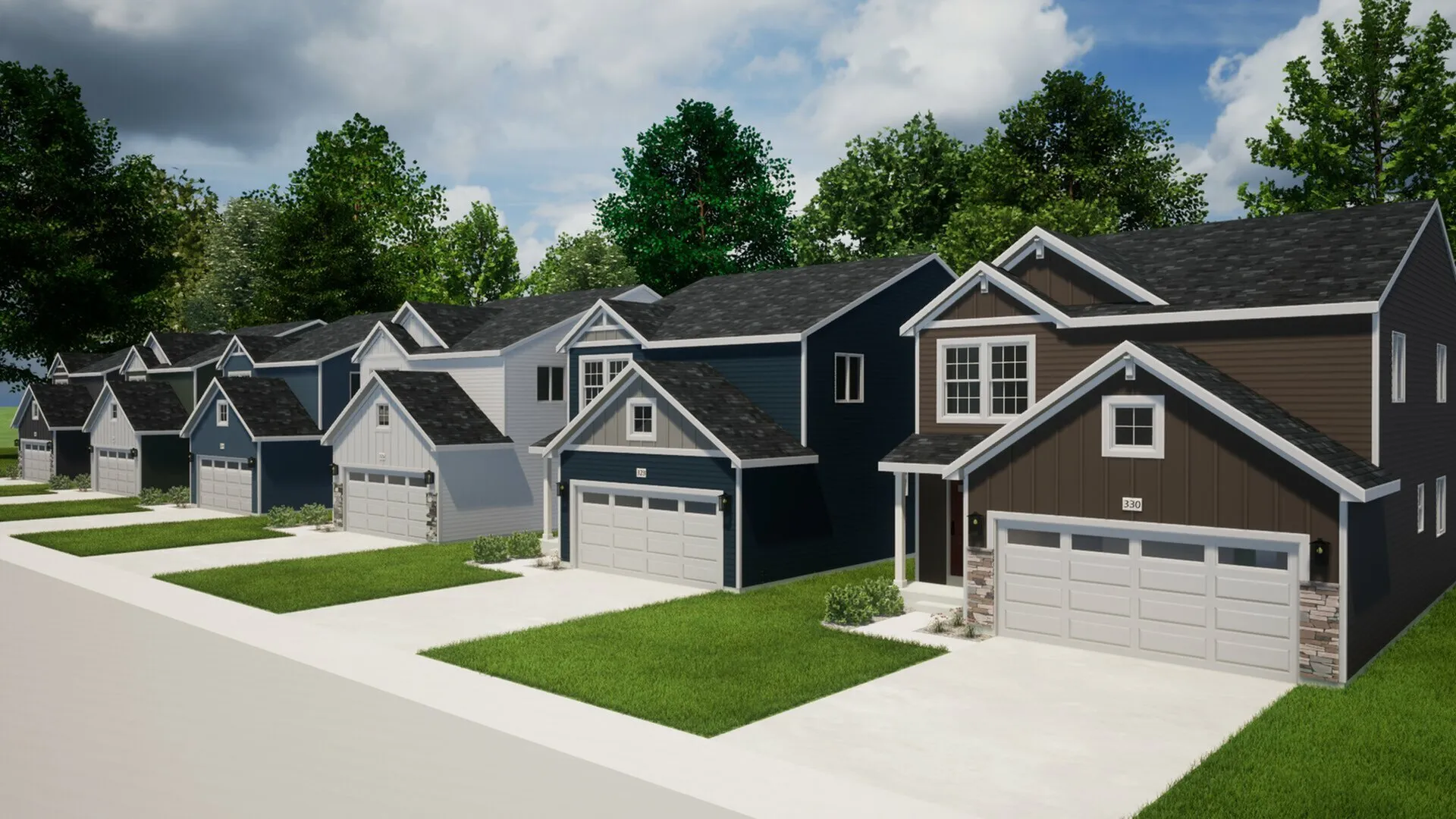 Row of modern suburban houses with manicured lawns and elegant design.