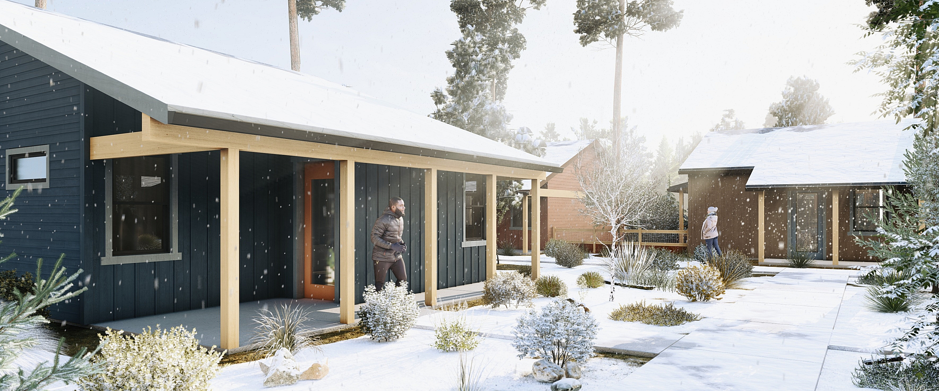 Charming snow-covered cabins with modern design set in a serene winter landscape.